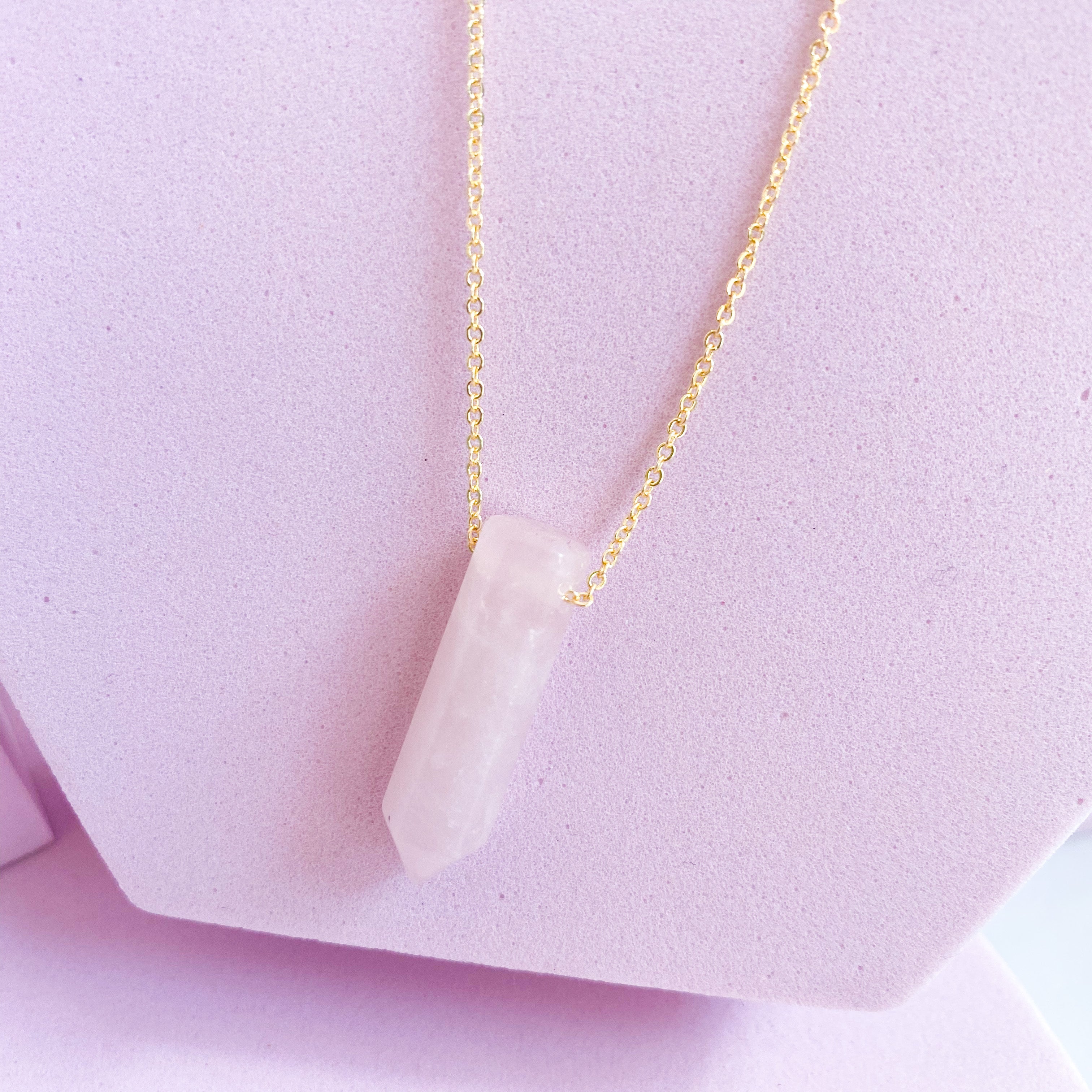 Rose Quartz Crystal Point Necklace on Gold Chain